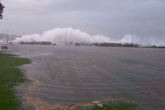 Torre Abbey meadows is turned into a lake by the flood water from the sea