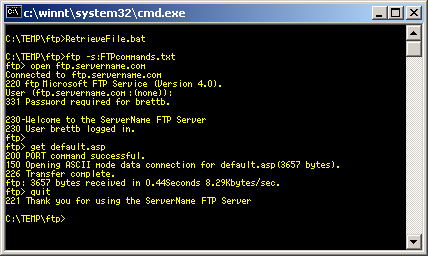 Demonstration of scripting the Windows FTP client