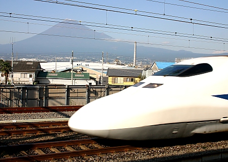 Mount Fuji and Shinkansen as seen from Shin-Fuji station