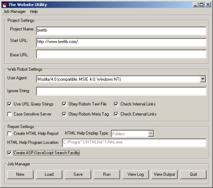 A screenshot of The Website Utility's graphical user interface, showing the options used to create a JavaScript Search Engine for a website