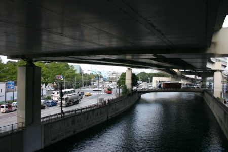 A river in Yokohama with a motorway on top!