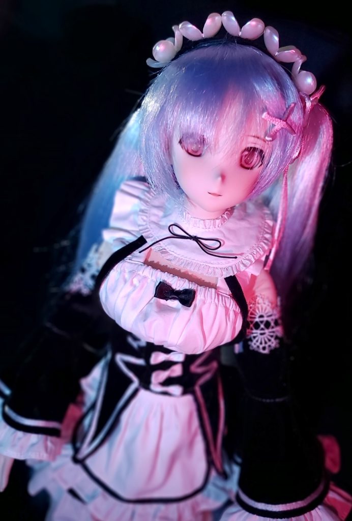 Dollfie Towa wearing Re:Zero maid outfit and a Snow Miku wig
