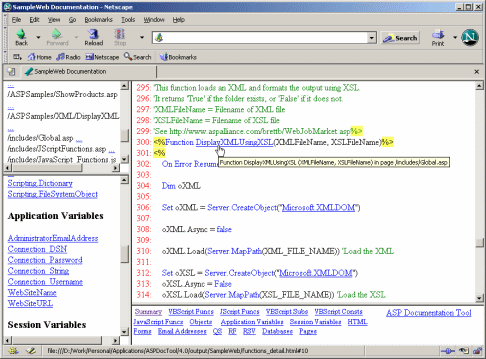 HTML format report produced by the ASP Documentation Tool