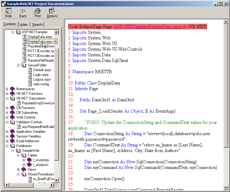 Example output from the .NET documentation tool code documentor for the .NET Framework