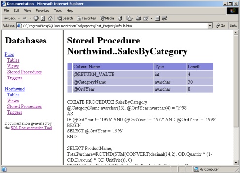 HTML format report created by the SQL Documentation Tool